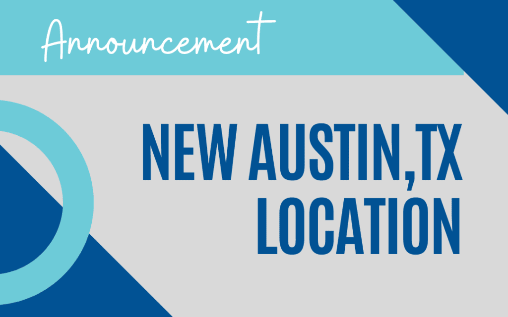 A blue and white graphic with the words " announcement new austin location ".